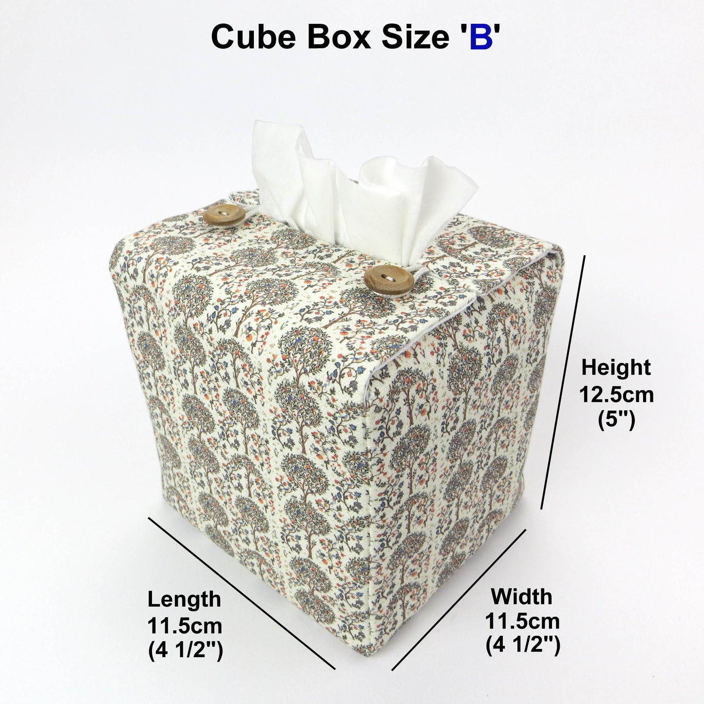 Linen square tissue box cover with a mini orchard grove pattern