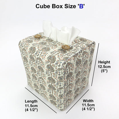 Linen square tissue box cover with a mini orchard grove pattern