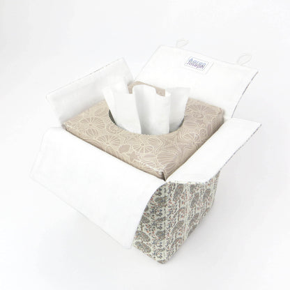 Linen square tissue box cover with a mini orchard grove pattern