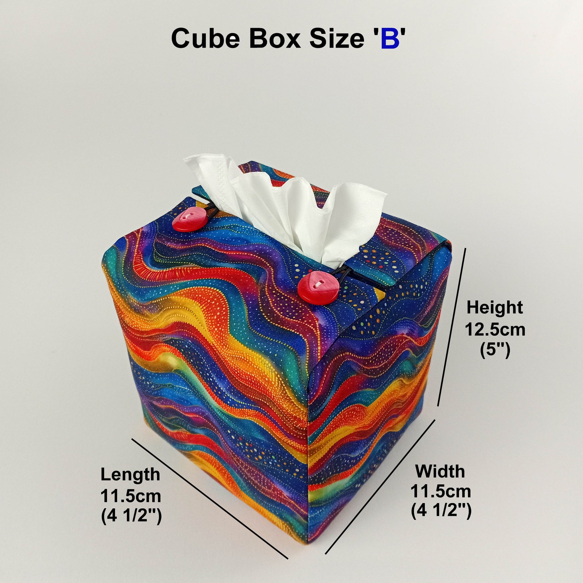 A colourful wave design square tissue box cover with size details