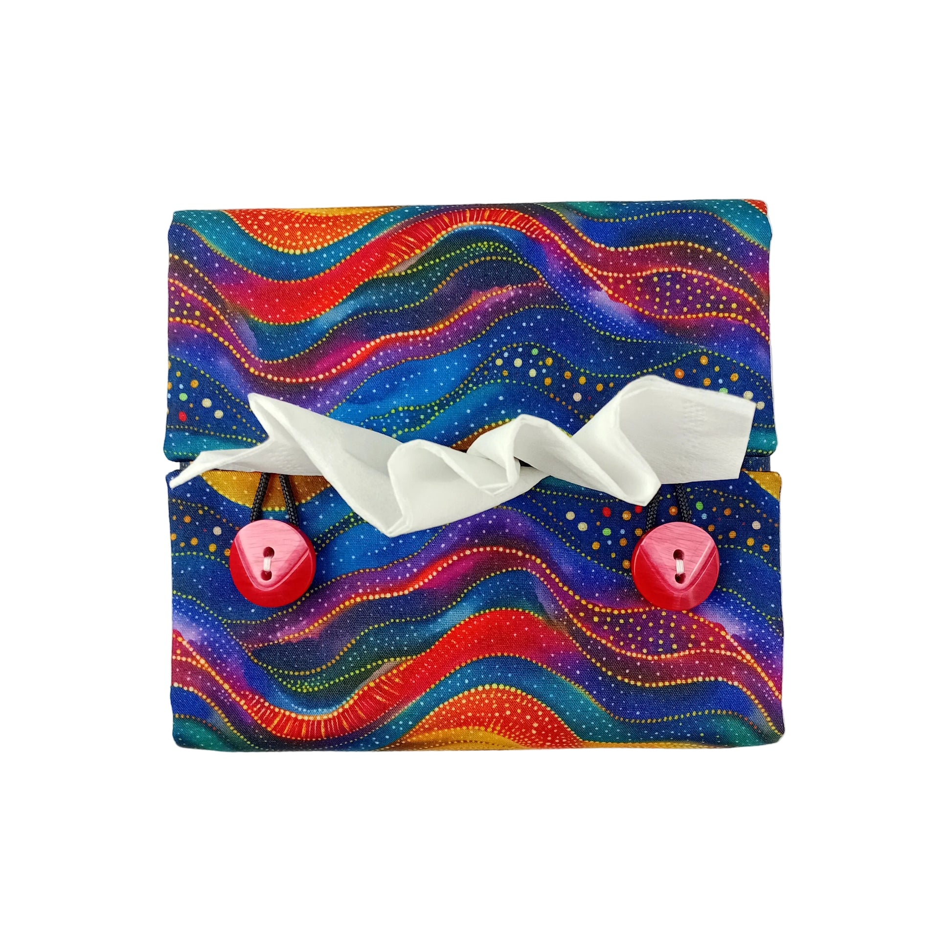 A top view of a square tissue box cover with buttons