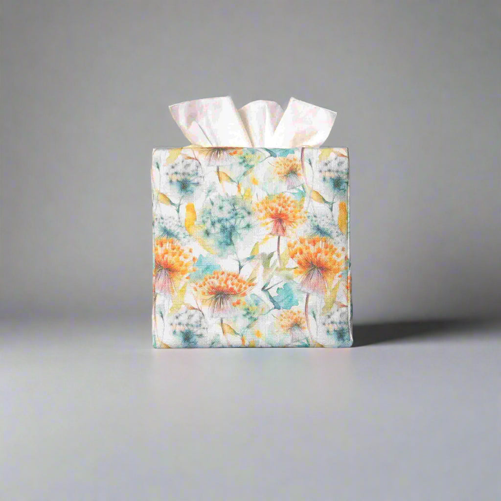 Linen square tissue box cover with watercolour-style dandelion design in yellow and blue