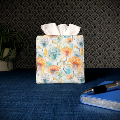 Cube Fabric Tissue Box Cover - Watercolour Dandelion Design on Linen