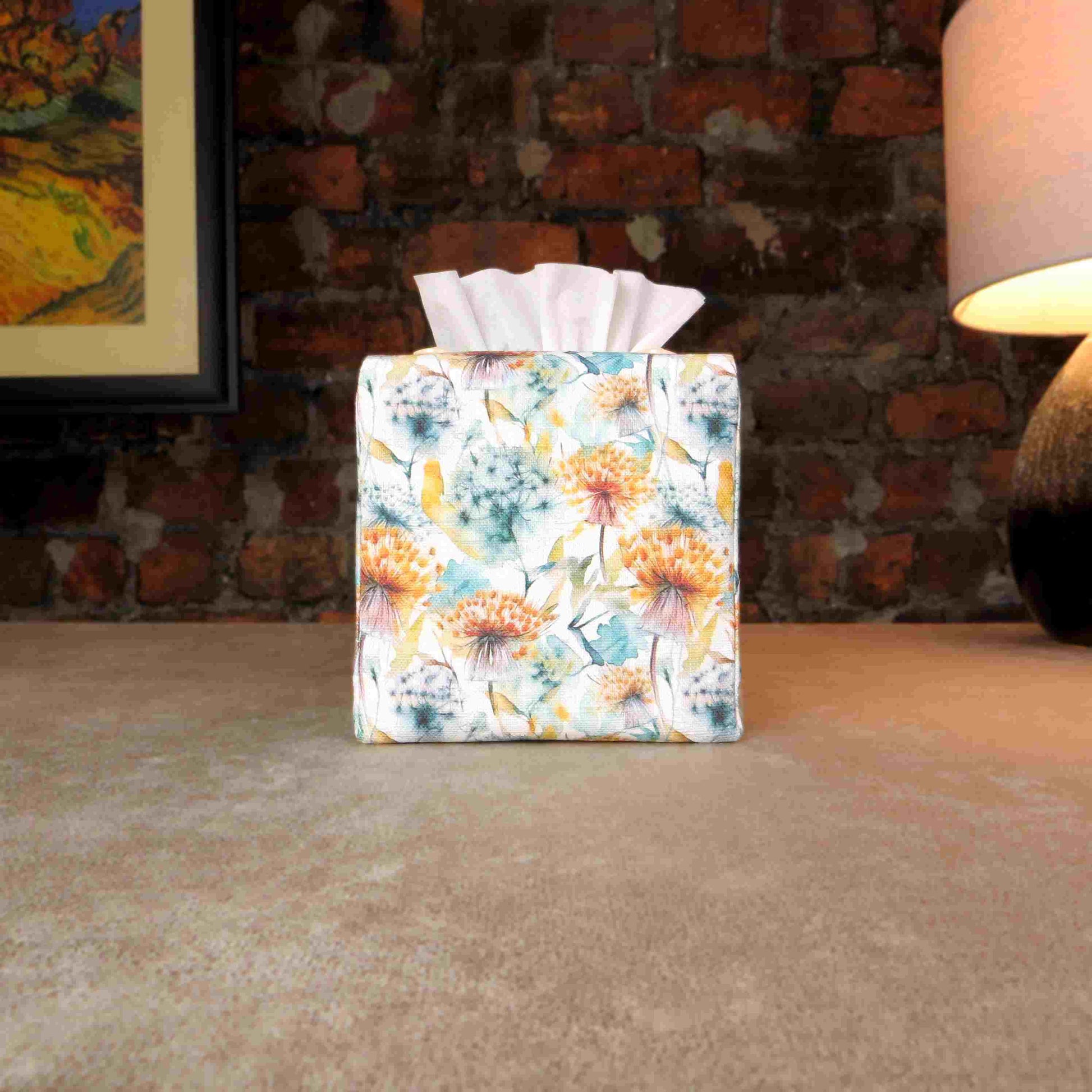 Linen square tissue box cover with watercolour-style dandelion design in yellow and blue