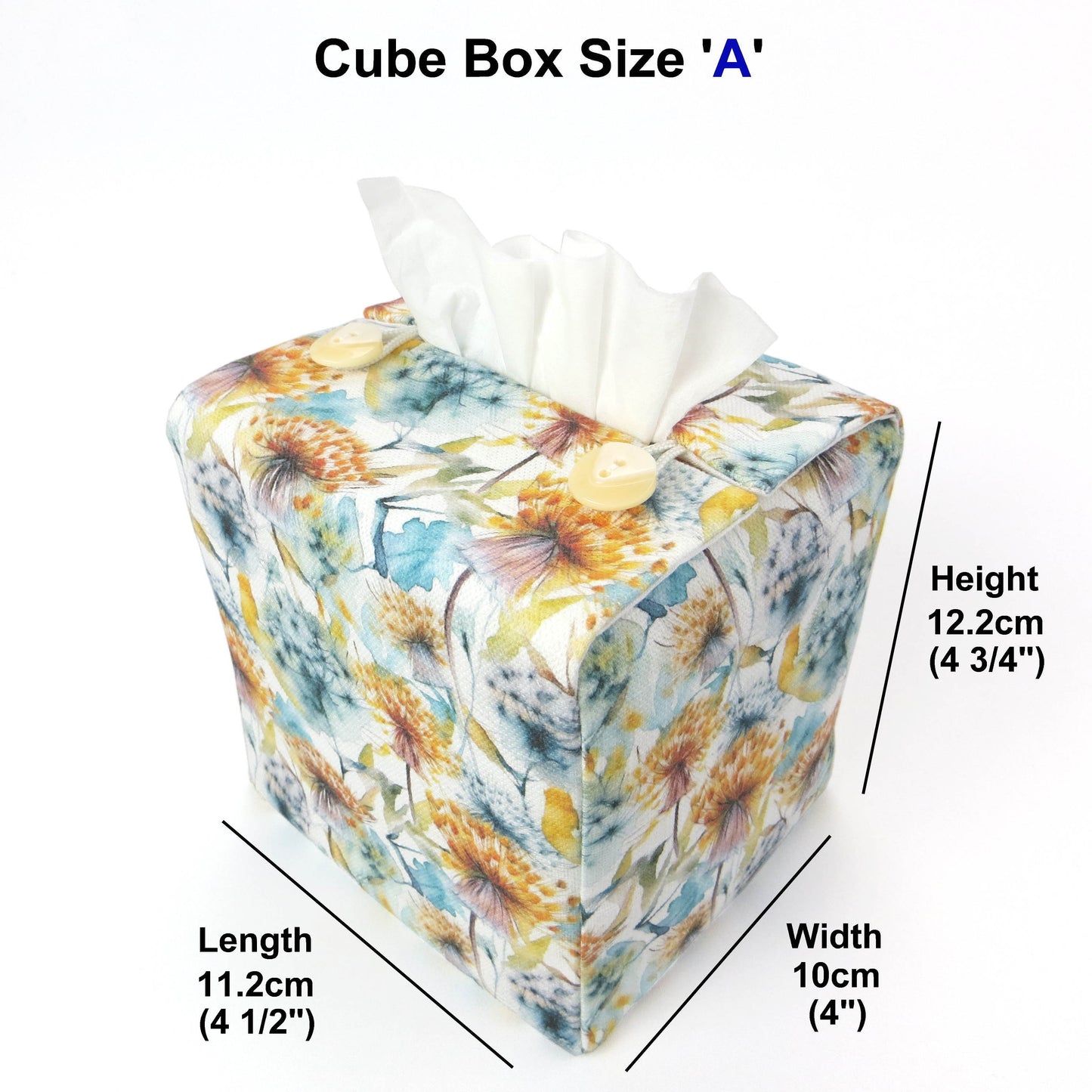 Linen square tissue box cover with watercolour-style dandelion design in yellow and blue