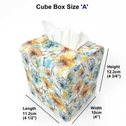 Linen square tissue box cover with watercolour-style dandelion design in yellow and blue