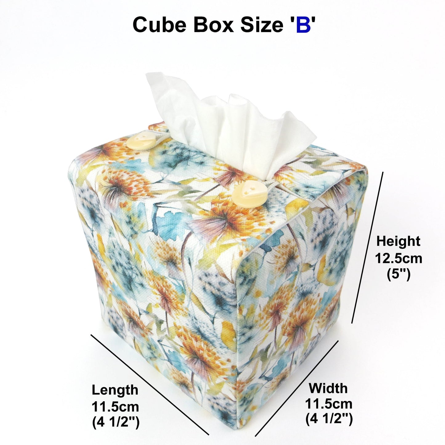 Linen square tissue box cover with watercolour-style dandelion design in yellow and blue