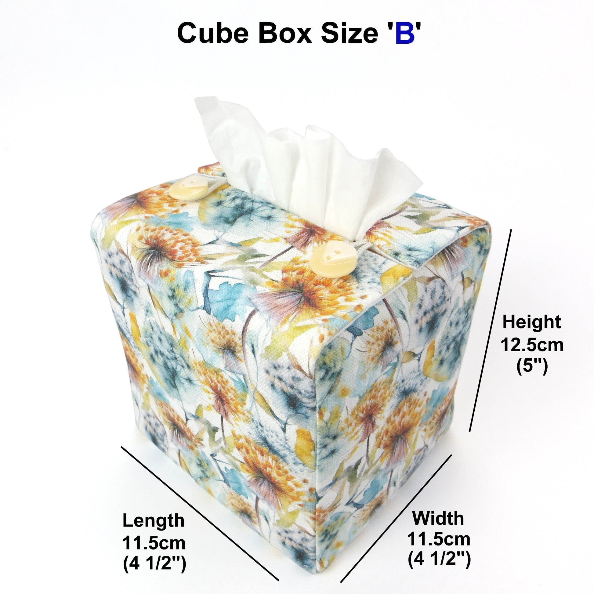 Linen square tissue box cover with watercolour-style dandelion design in yellow and blue
