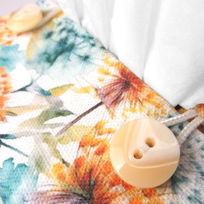 Linen square tissue box cover with watercolour-style dandelion design in yellow and blue