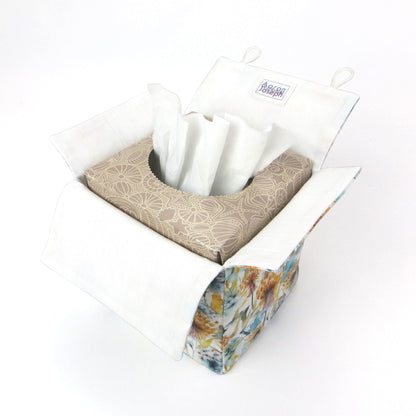 Linen square tissue box cover with watercolour-style dandelion design in yellow and blue