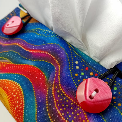 A close up view of a square tissue box cover with buttons