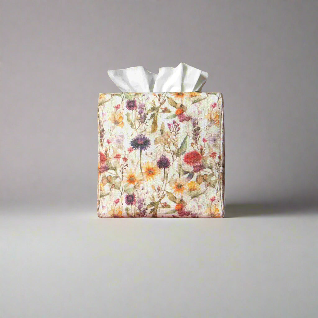 Linen square tissue box cover with  colourful wildflowers in a watercolour-style design