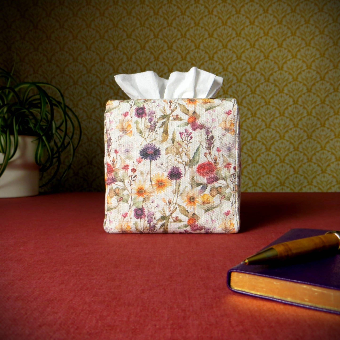 Cube Fabric Tissue Box Cover - Watercolour Wildflowers on Linen