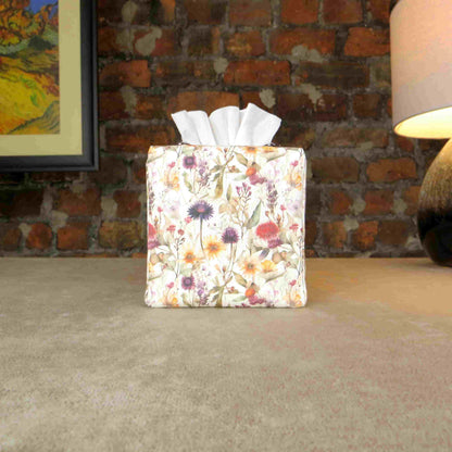 Linen square tissue box cover with  colourful wildflowers in a watercolour-style design