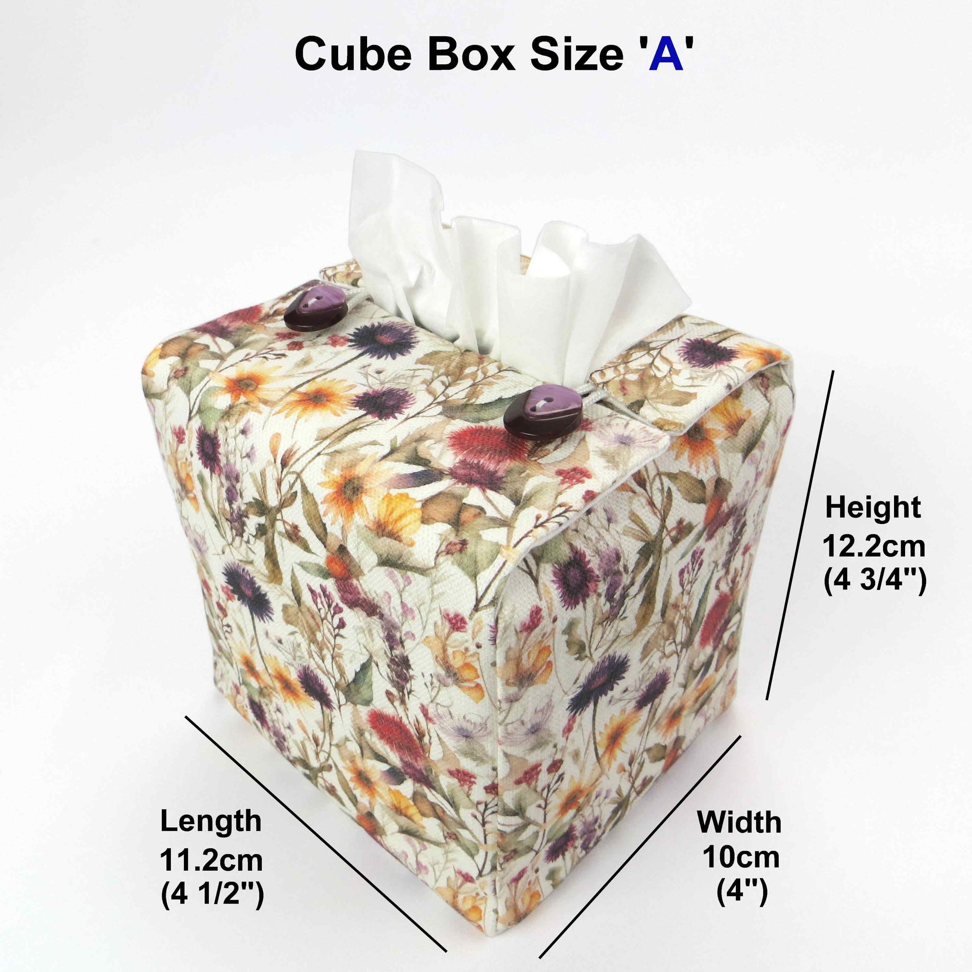 Linen square tissue box cover with  colourful wildflowers in a watercolour-style design