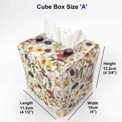 Linen square tissue box cover with  colourful wildflowers in a watercolour-style design