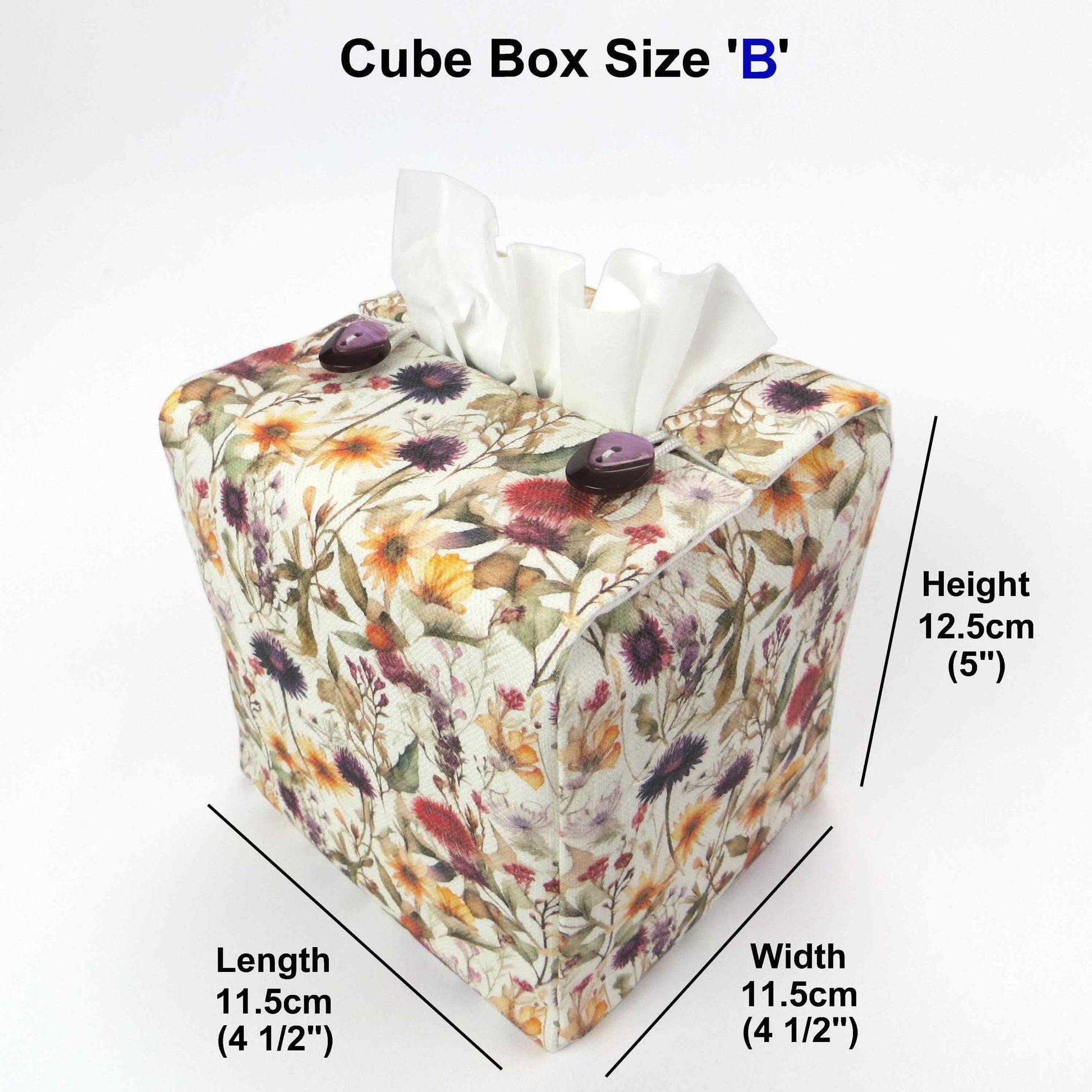 Linen square tissue box cover with  colourful wildflowers in a watercolour-style design