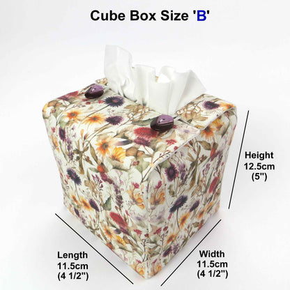 Linen square tissue box cover with  colourful wildflowers in a watercolour-style design