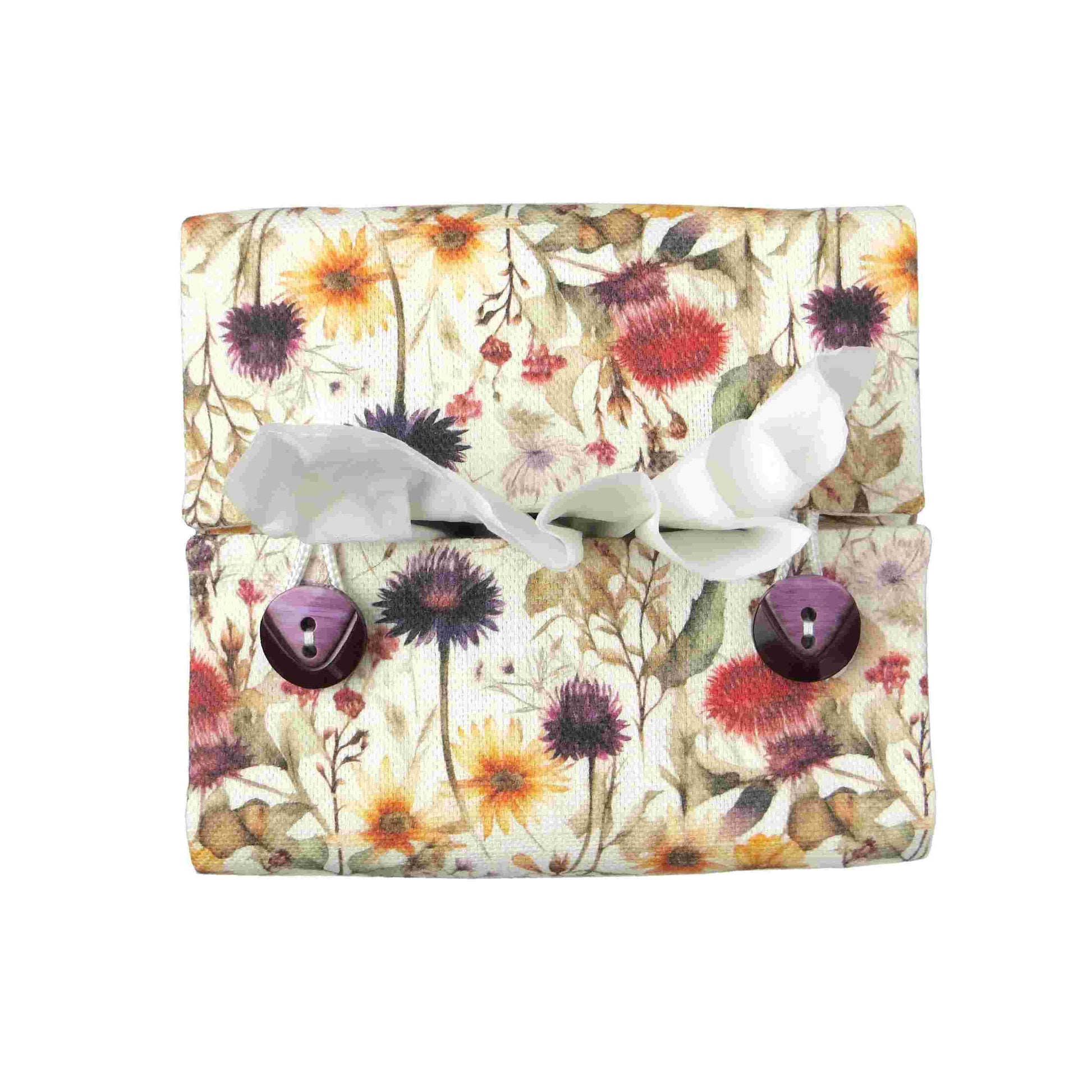 Linen square tissue box cover with  colourful wildflowers in a watercolour-style design