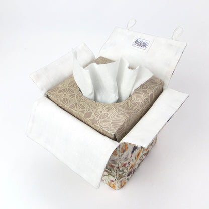 Linen square tissue box cover with  colourful wildflowers in a watercolour-style design