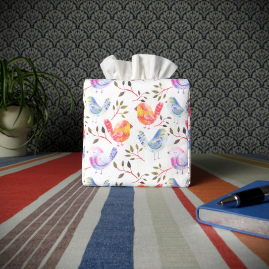 Cube Fabric Tissue Box Cover - Sleepy Birds Watercolour Design