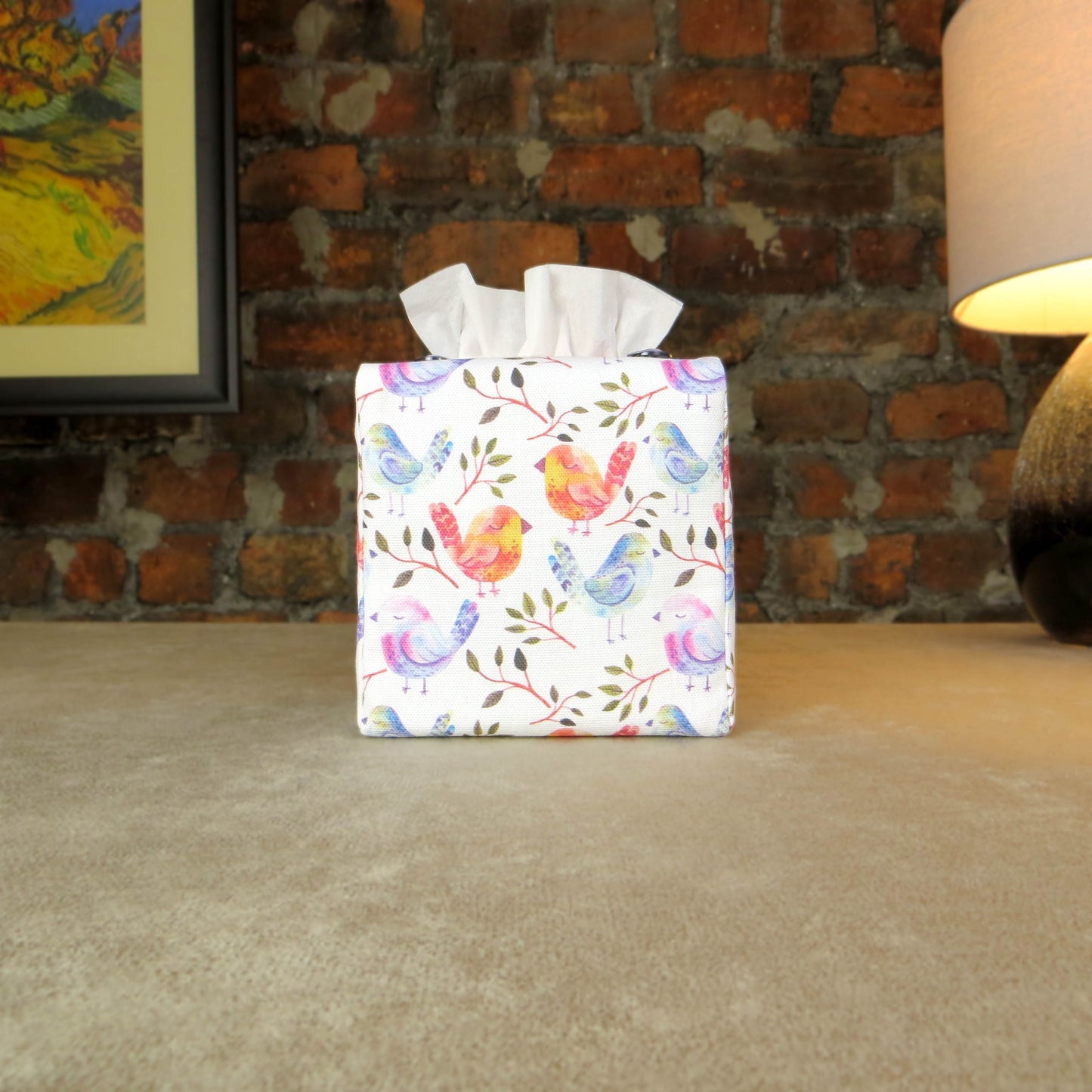 Cotton square tissue box cover with watercolour style blue, purple, and orange birds on white background
