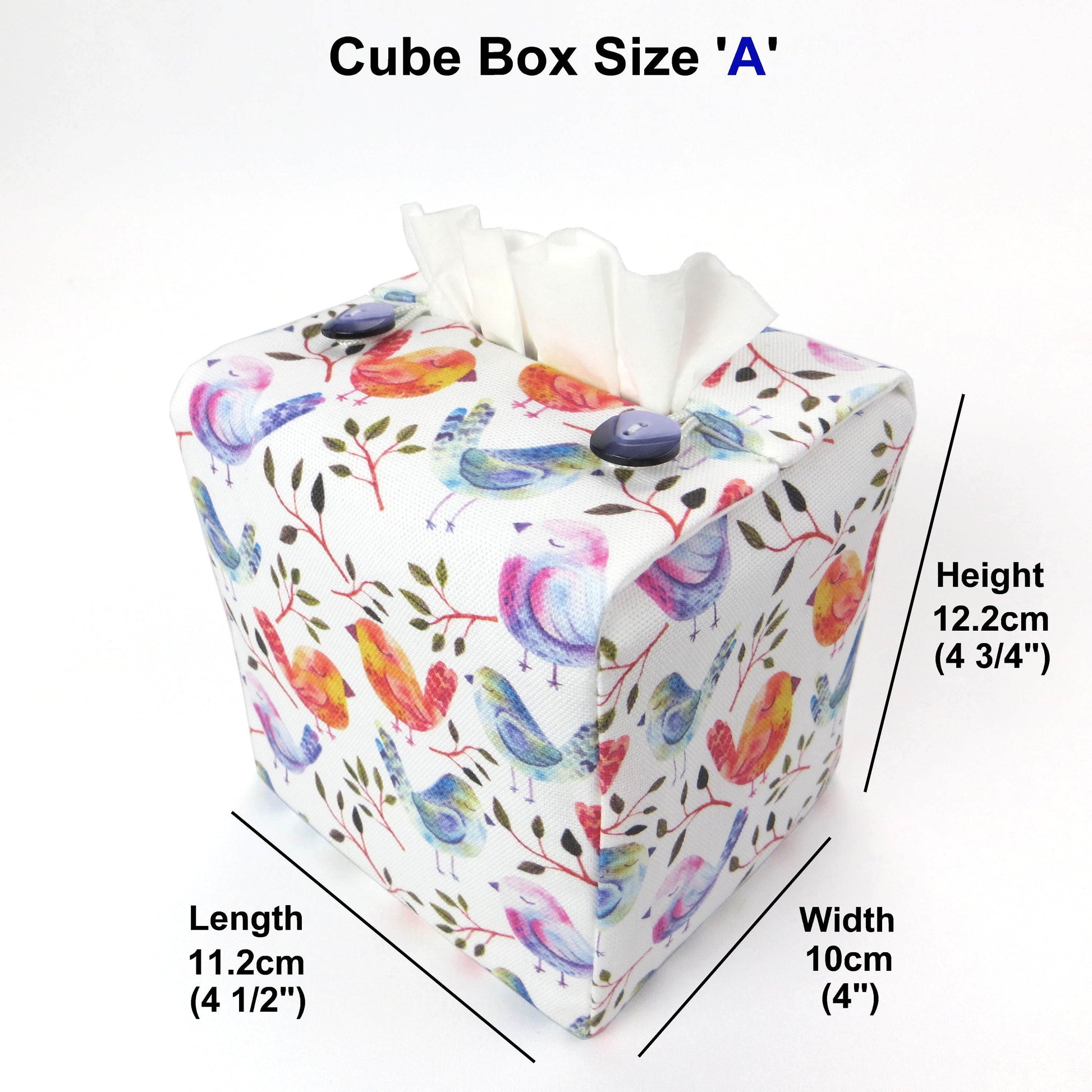 Cotton square tissue box cover with watercolour style blue, purple, and orange birds on white background