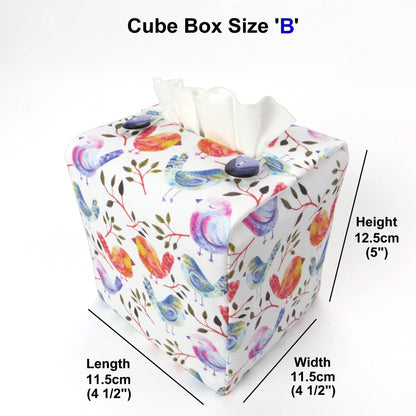 Cotton square tissue box cover with watercolour style blue, purple, and orange birds on white background