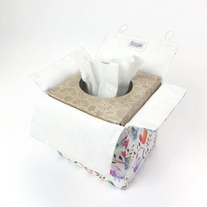 Cotton square tissue box cover with watercolour style blue, purple, and orange birds on white background