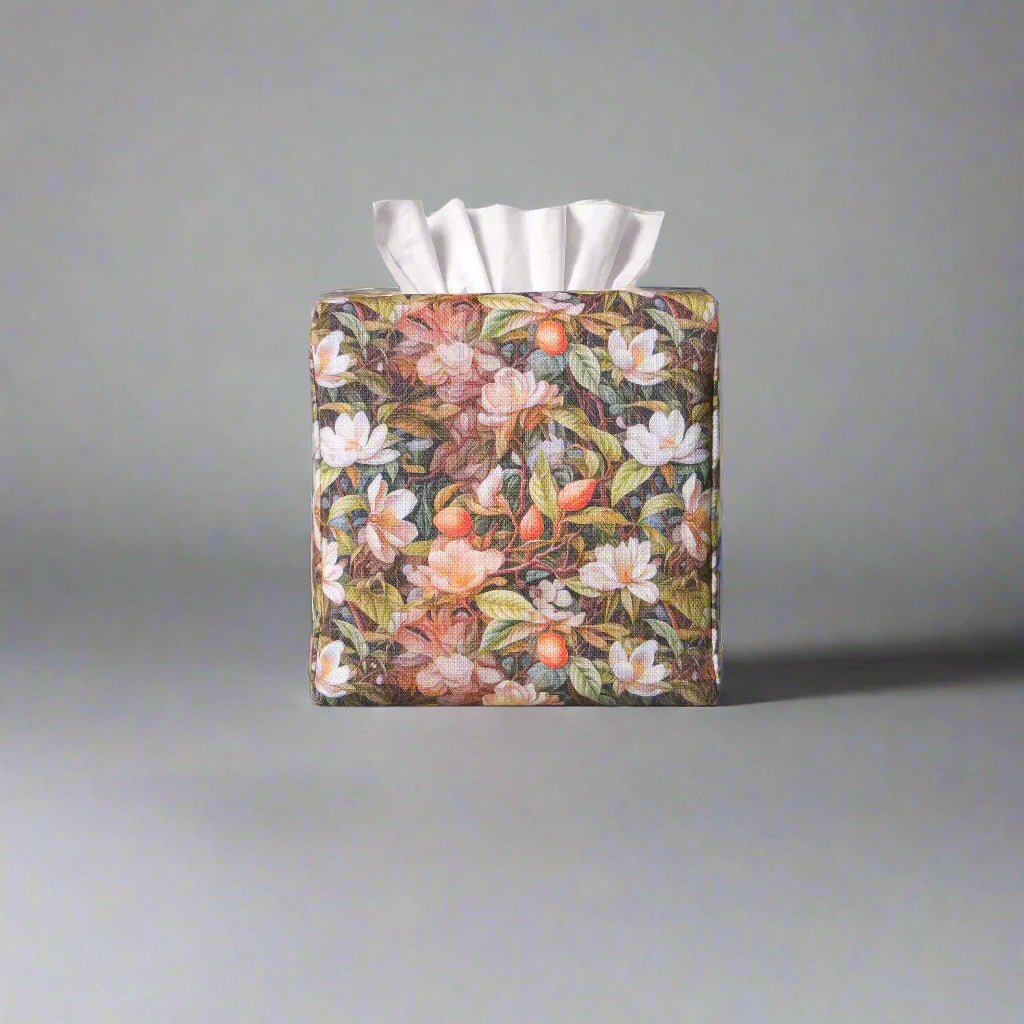 Linen square tissue box cover with a floral forest design