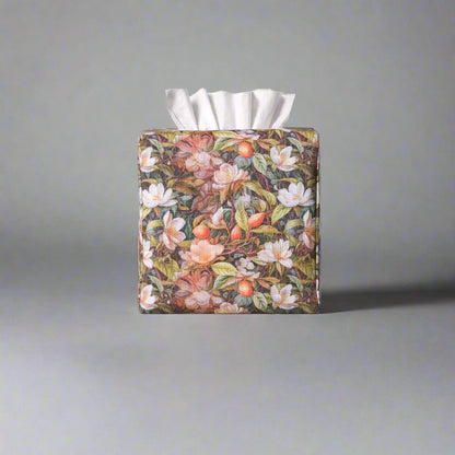 Linen square tissue box cover with a floral forest design