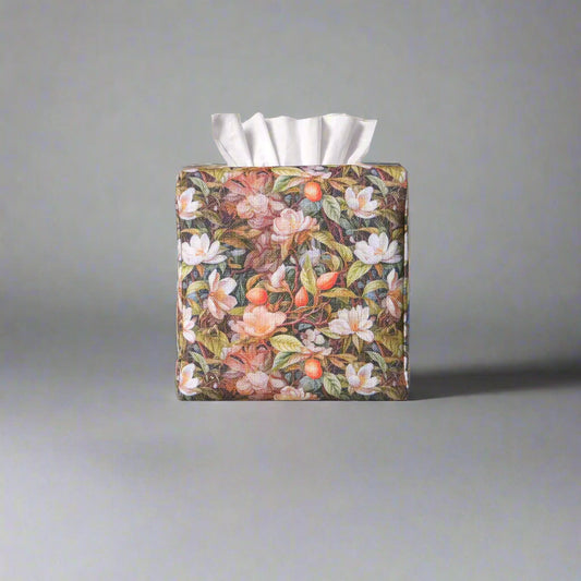 Linen square tissue box cover with a floral forest design