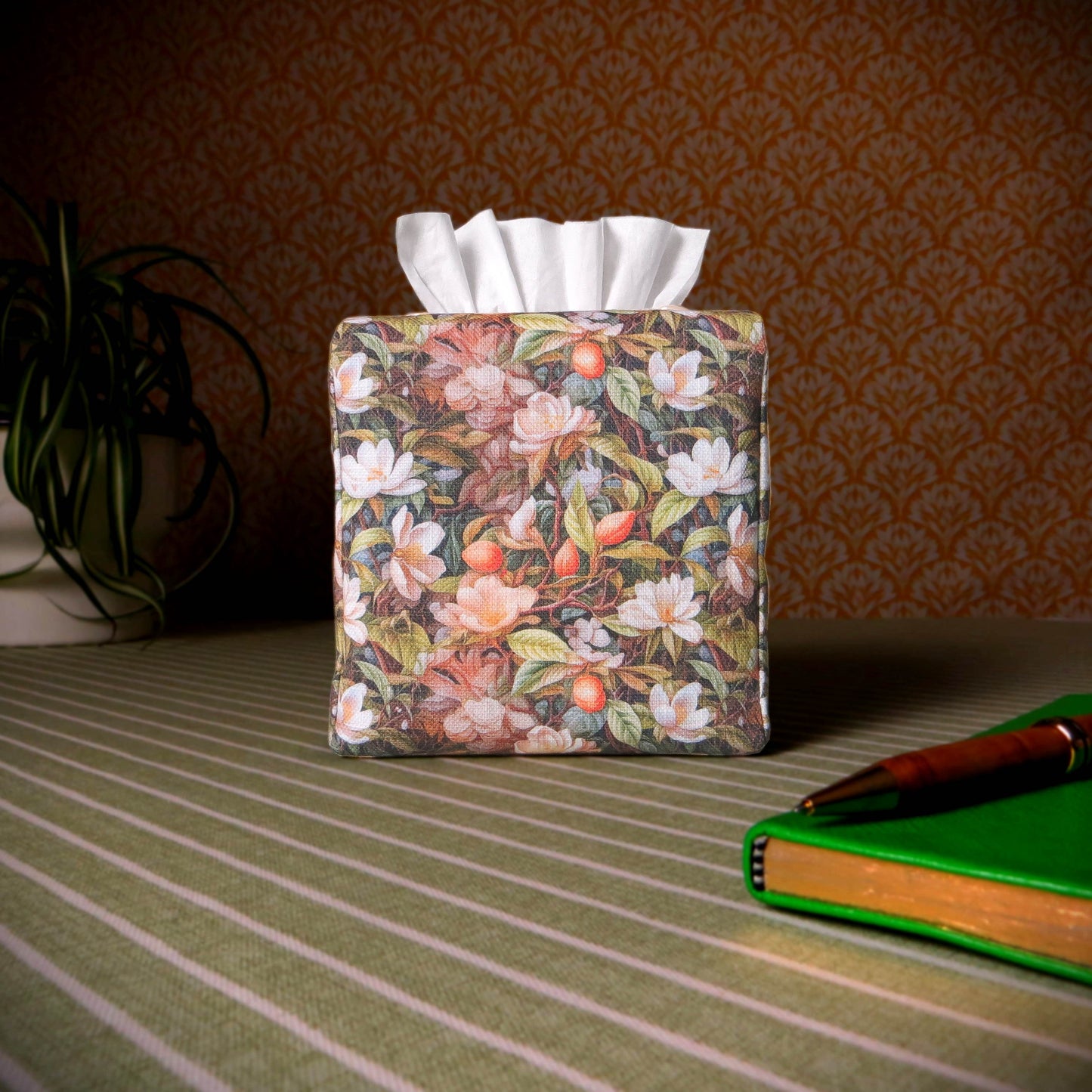 Cube Fabric Tissue Box Cover - Floral Forest Design on Linen