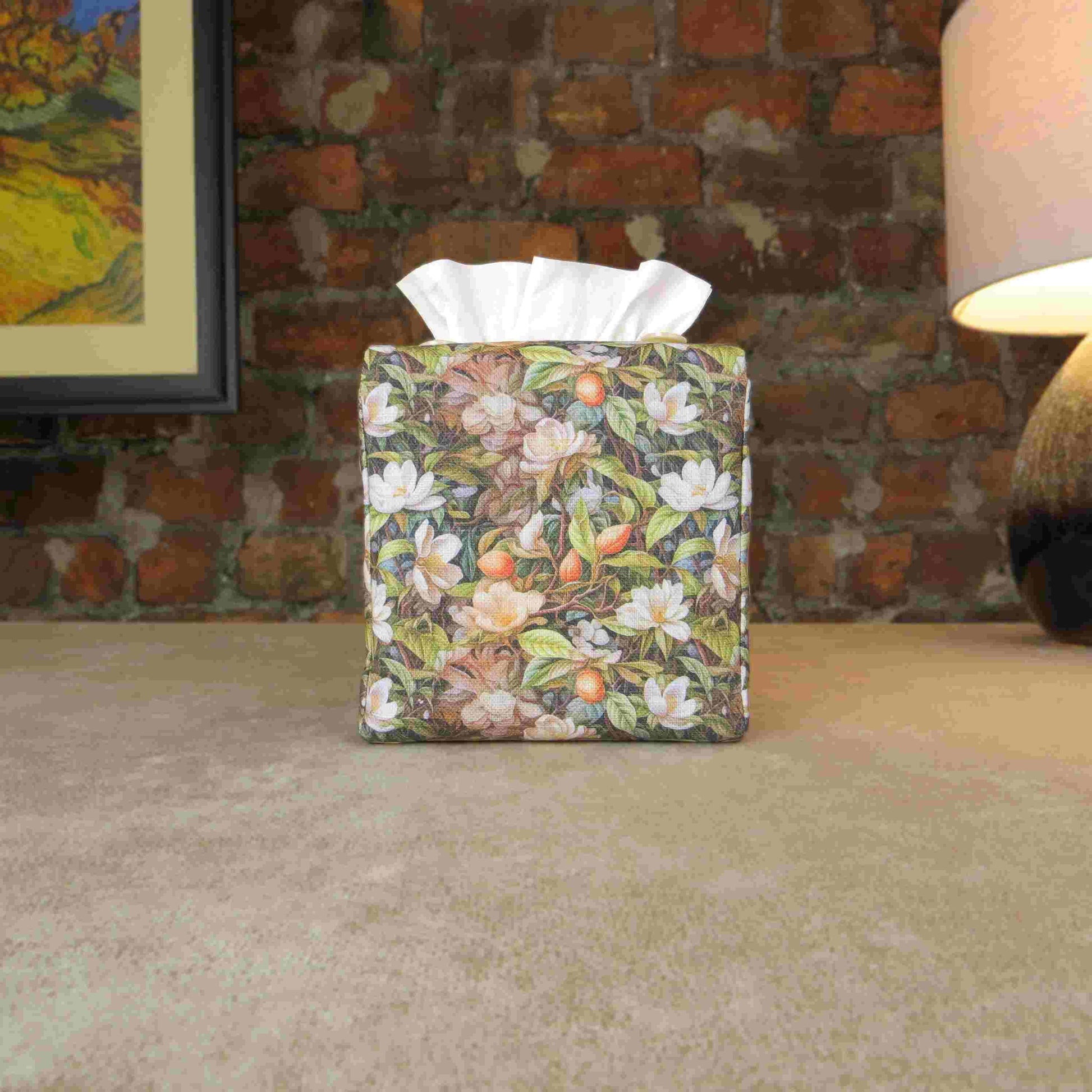 Linen square tissue box cover with a floral forest design