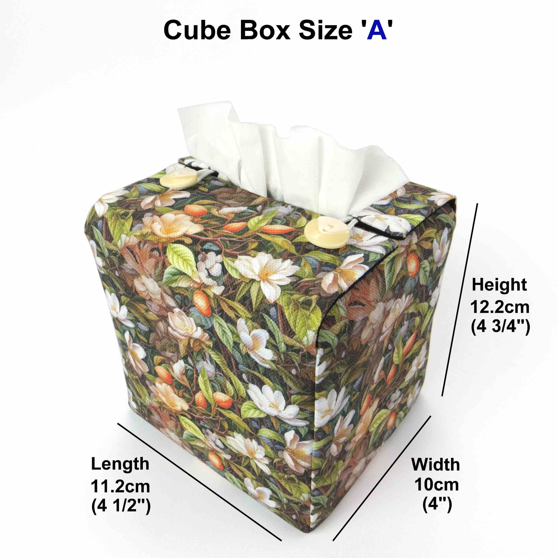 Linen square tissue box cover with a floral forest design