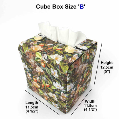 Linen square tissue box cover with a floral forest design