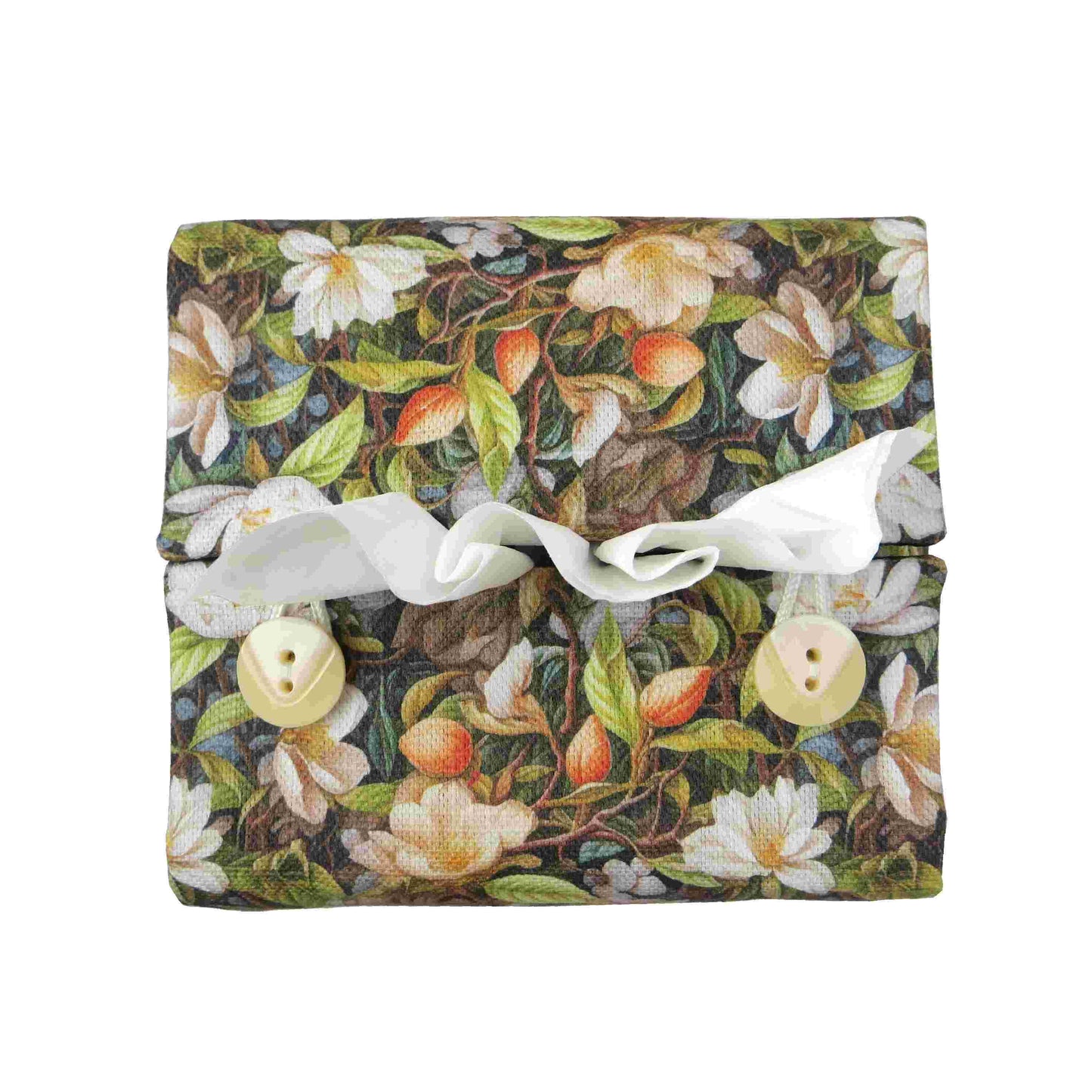 Linen square tissue box cover with a floral forest design