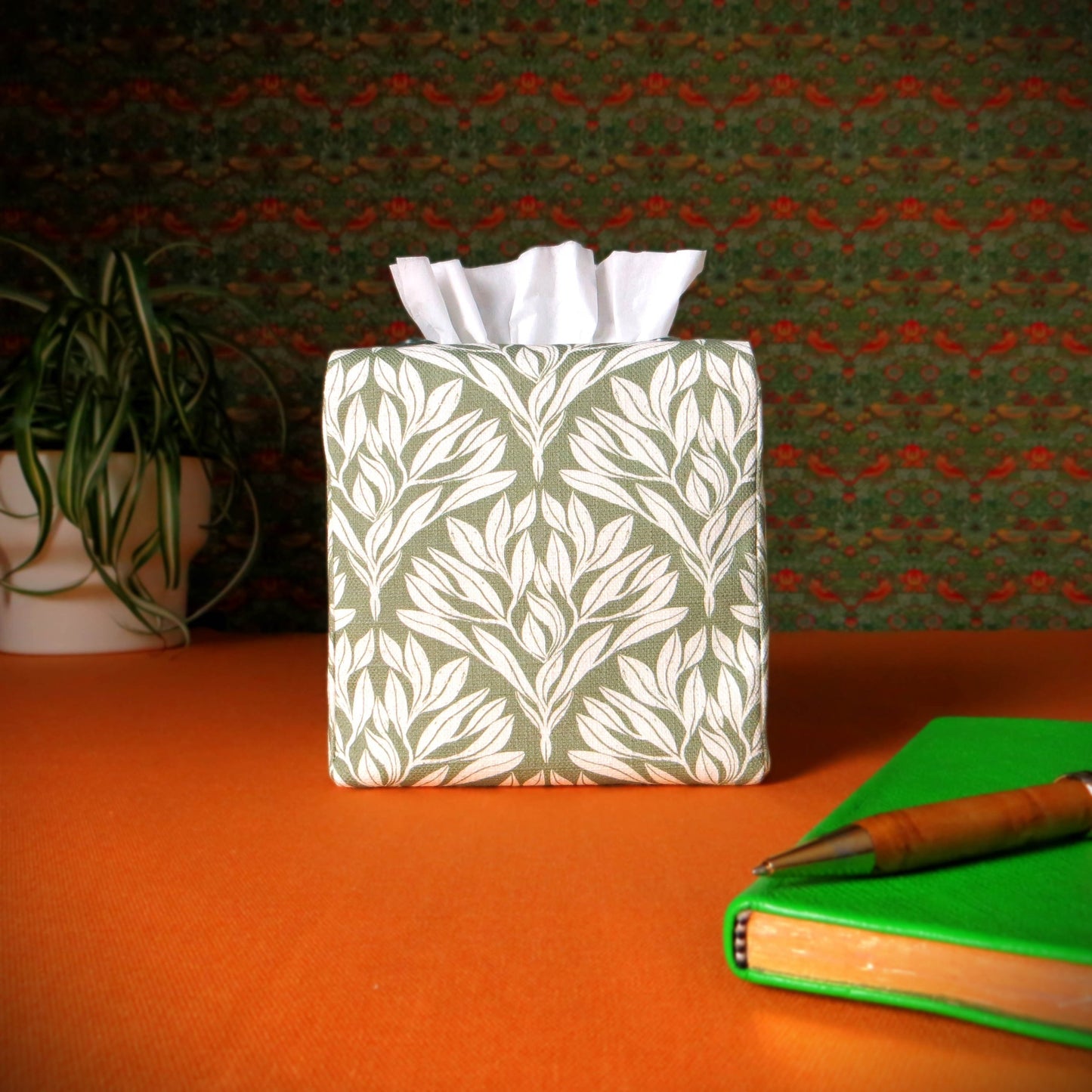 Cube Fabric Tissue Box Cover - Leaf Motif on Sage Green Linen