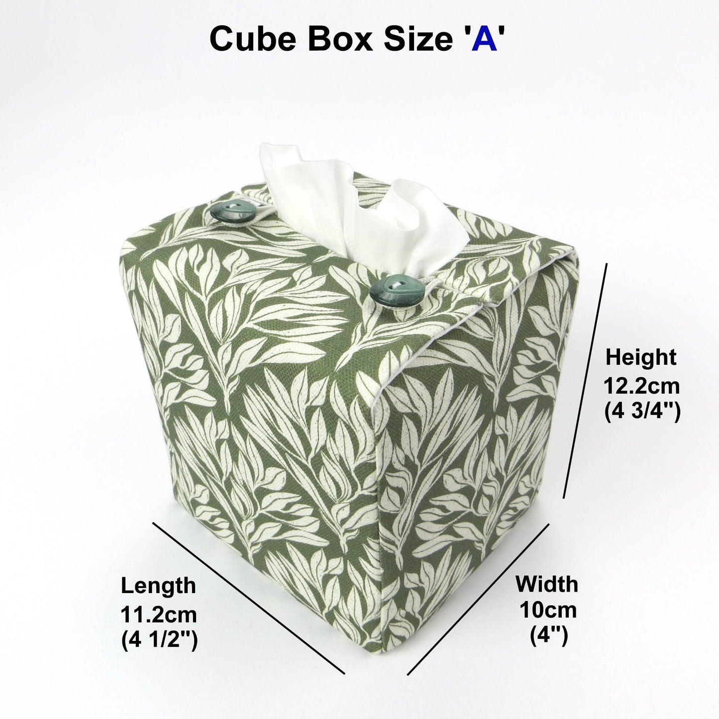 Linen square tissue box cover with an off-white leaf pattern on a sage green background