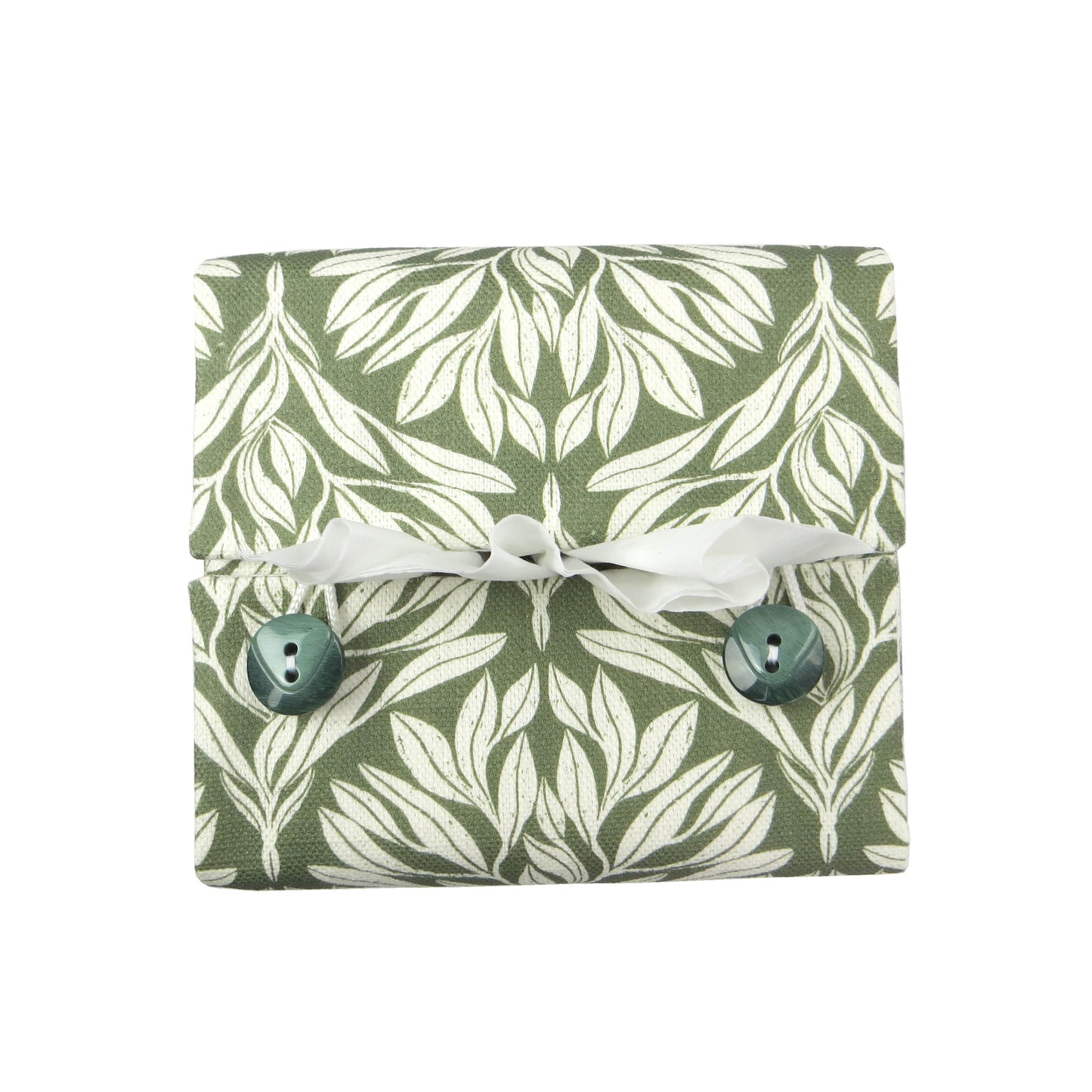 Linen square tissue box cover with an off-white leaf pattern on a sage green background