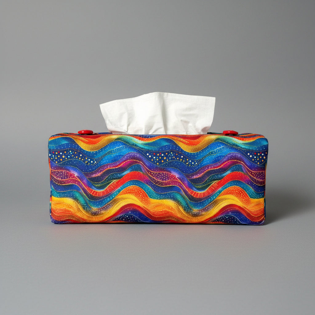 A colourful wave pattern rectangular tissue box cover sitting on a grey background