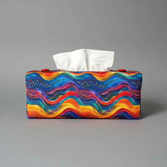 A colourful wave pattern rectangular tissue box cover sitting on a grey background