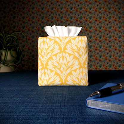 Cube Fabric Tissue Box Cover - Leaf Motif on Yellow Linen
