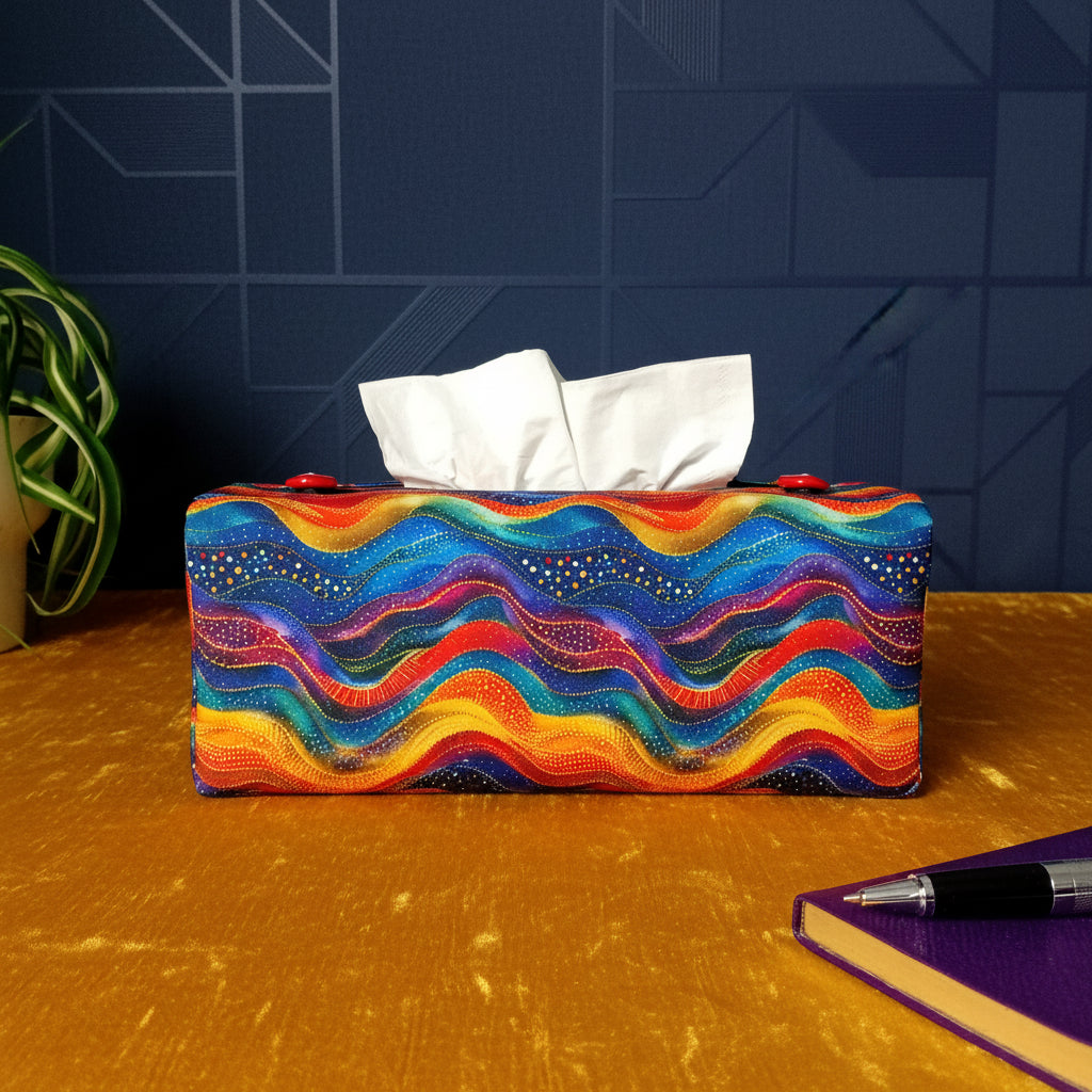 A colourful wave patterned rectangular tissue box, a pen and notebook, and a plant