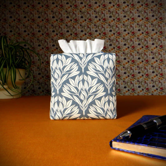 Cube Fabric Tissue Box Cover - Leaf Motif on Blue Linen