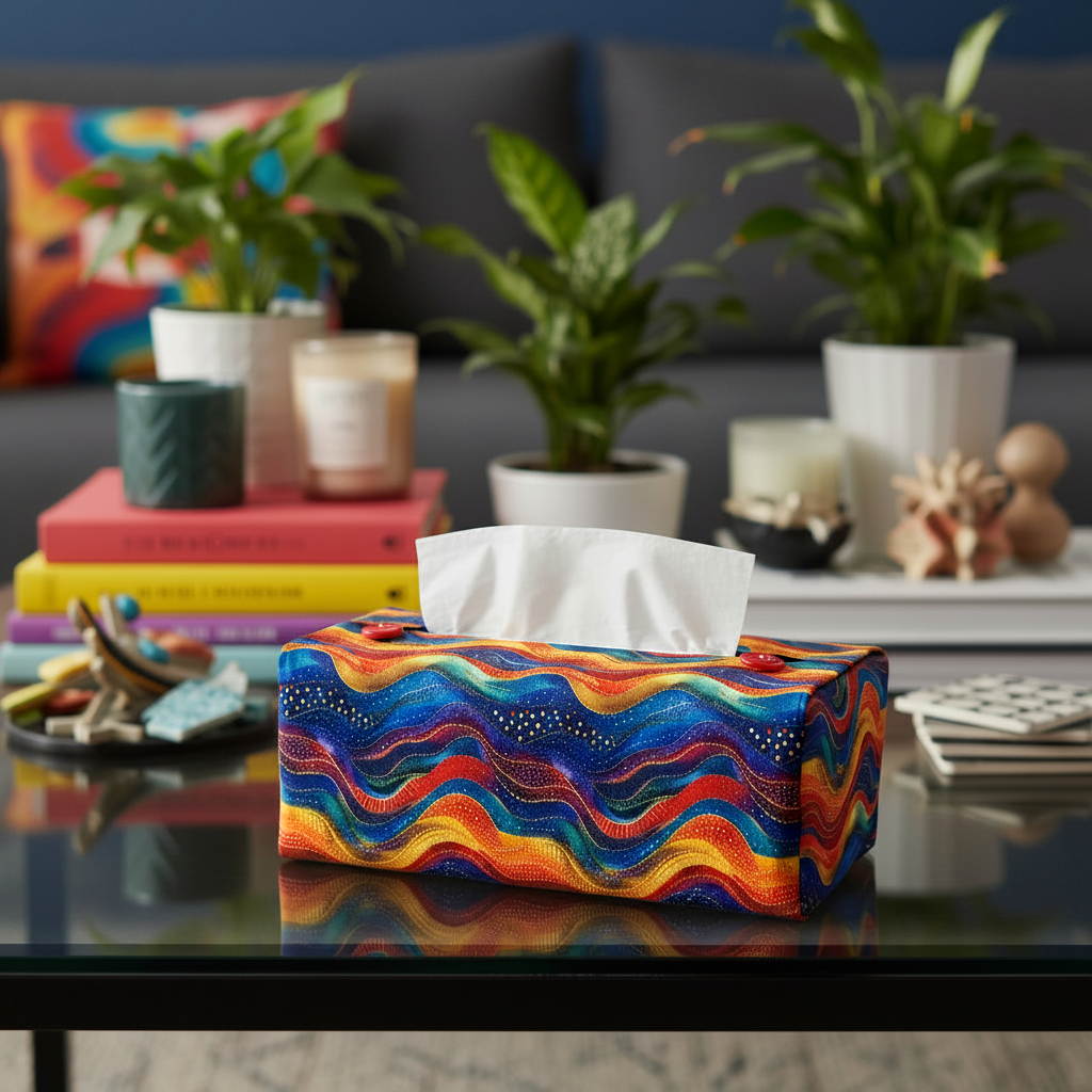 A colourful wave patterned rectangular tissue box cover sitting on a coffee table in a living room