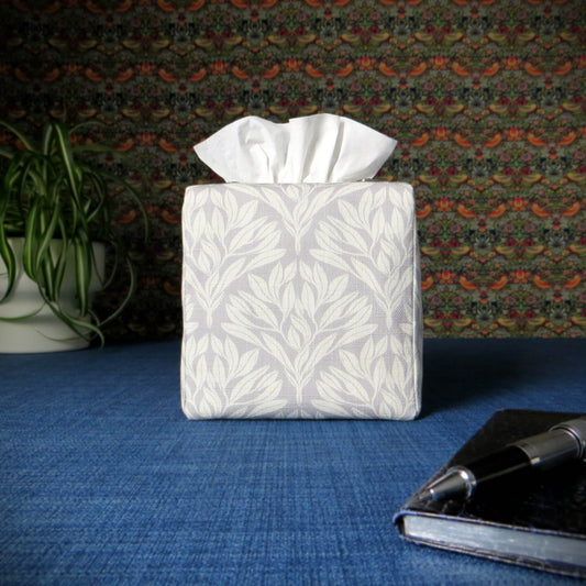 Cube Fabric Tissue Box Cover - Leaf Motif on Grey Linen