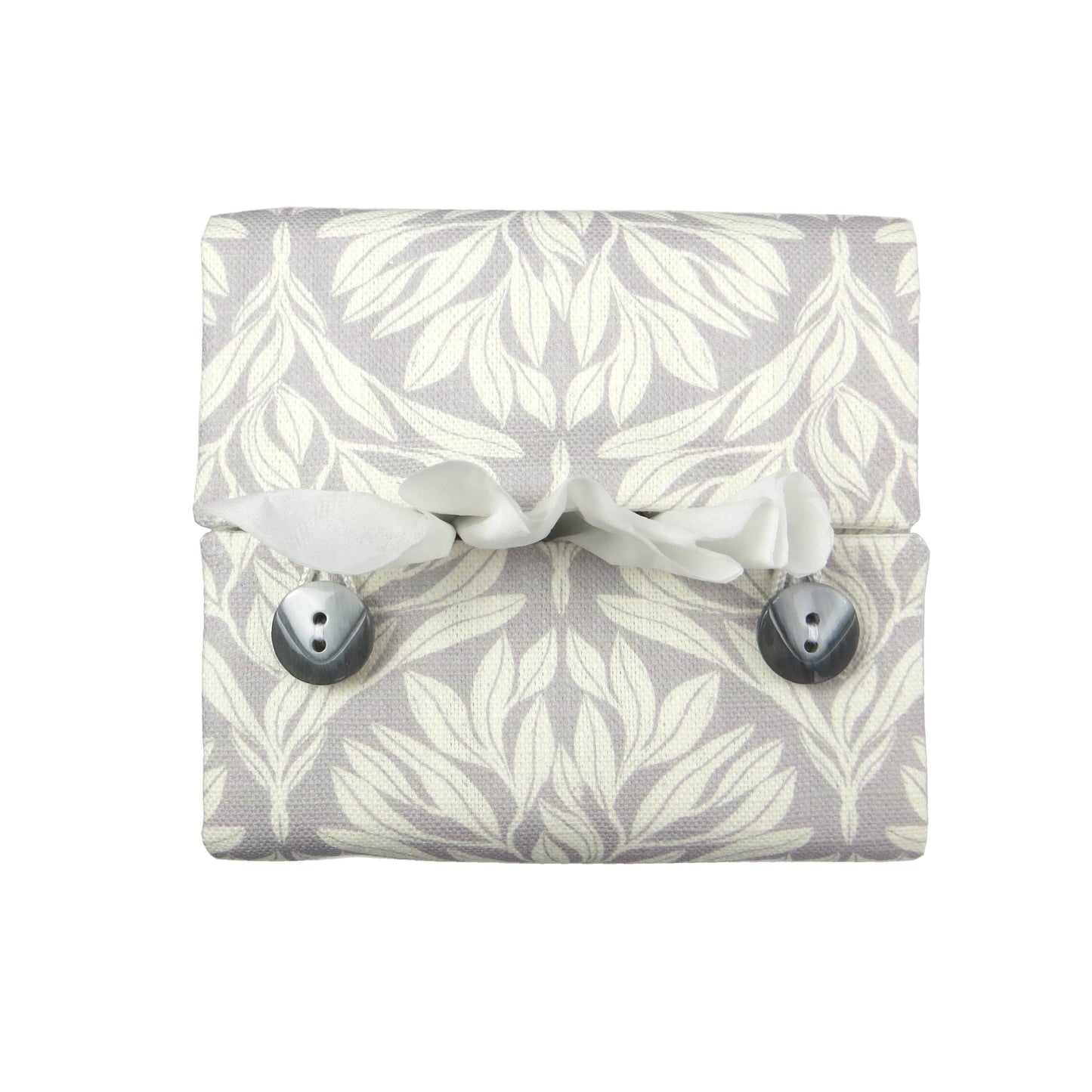 Square linen tissue box cover with off-white leaf design on a light grey background