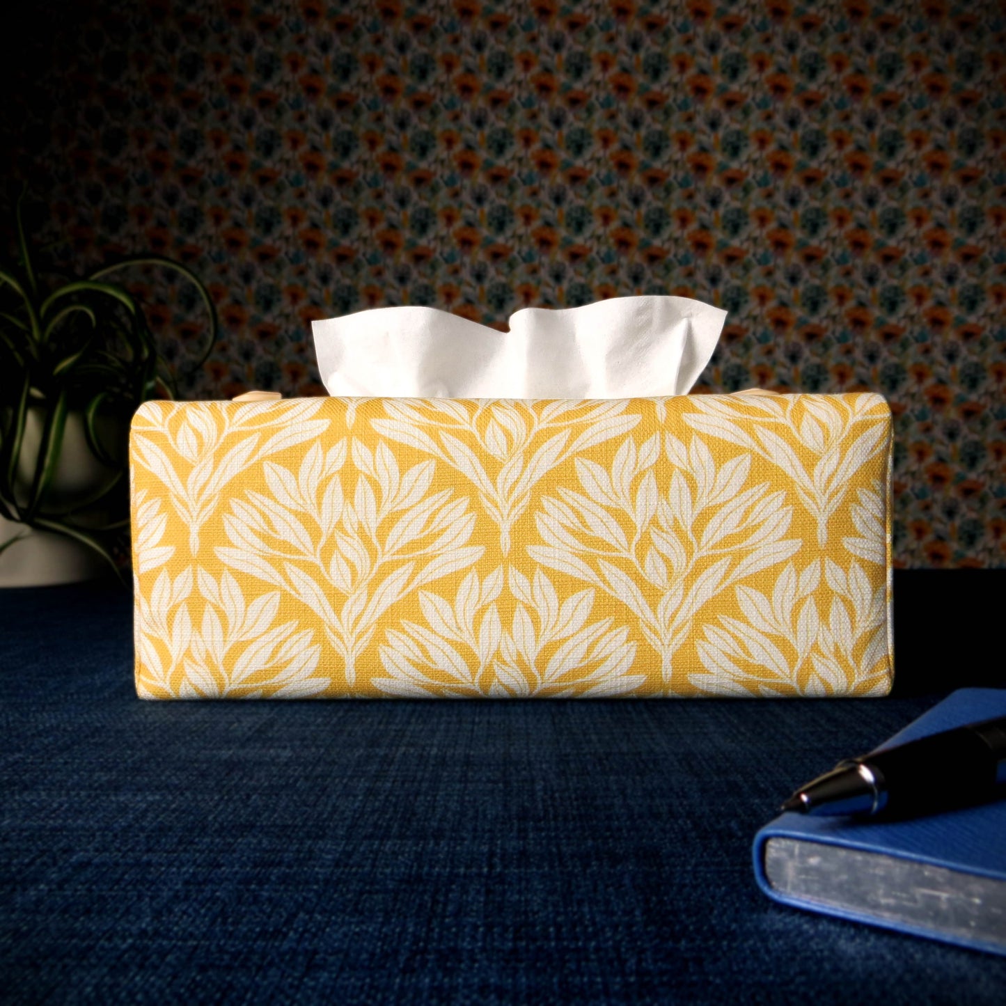Rectangular Fabric Tissue Box Cover - Leaf Motif on Yellow Linen