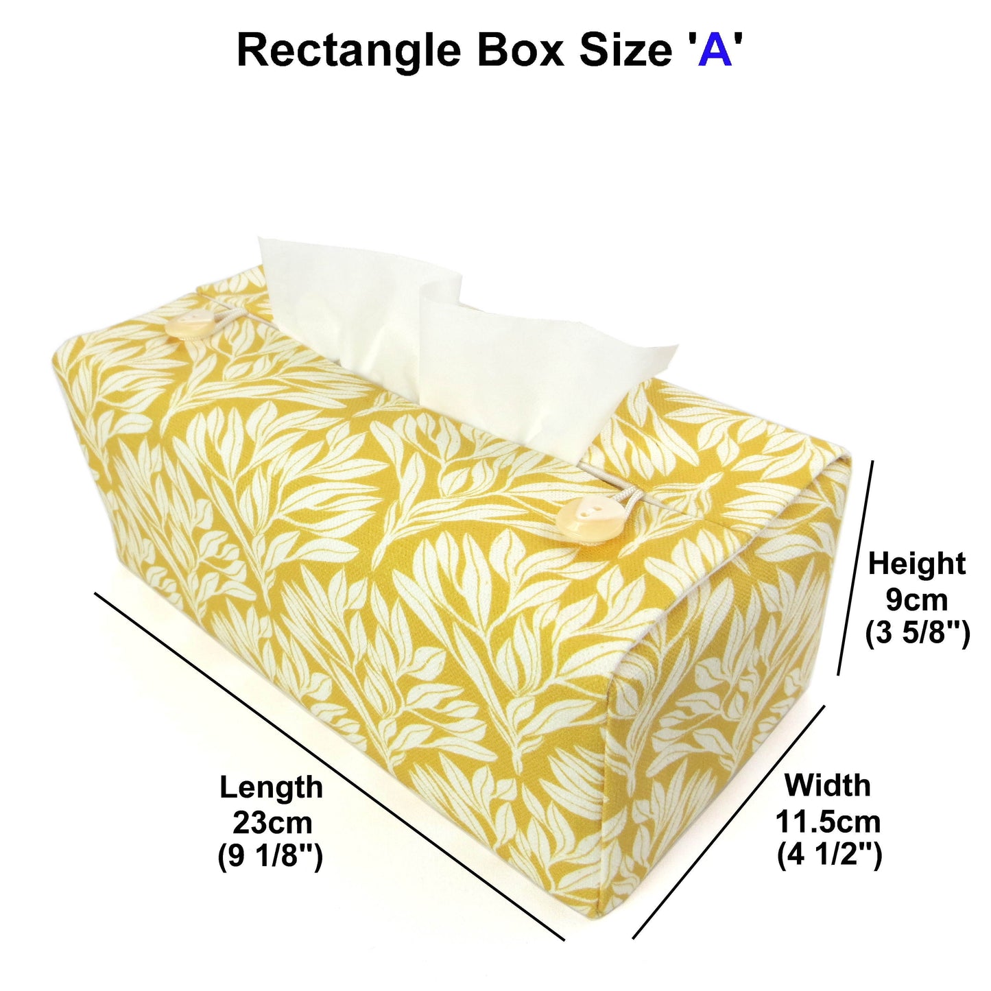 Linen rectangular tissue box cover with an off-white leaf design on a yellow background